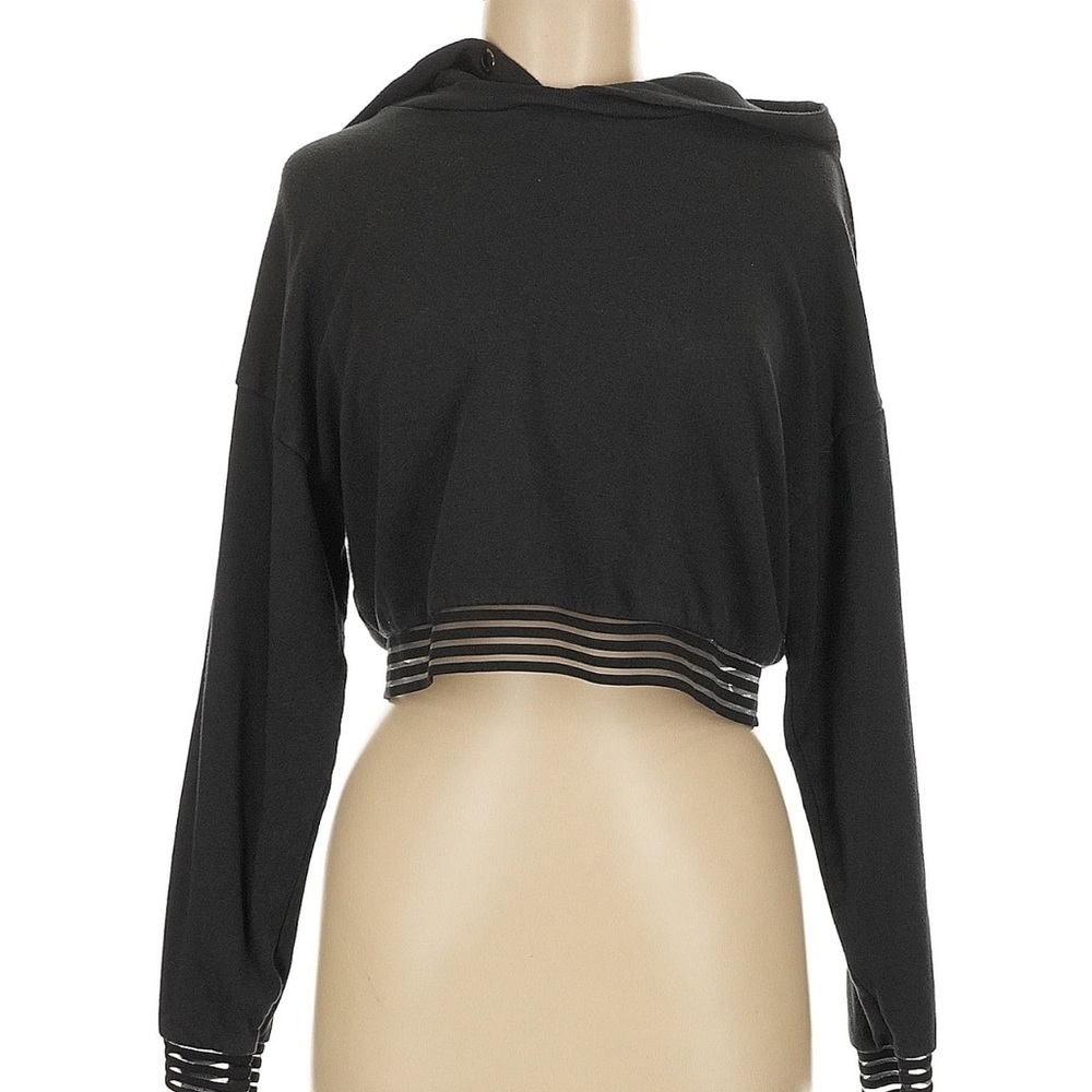 Black Cropped Hoodie with Striped Hem